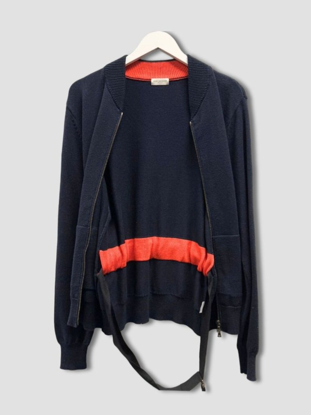 DRIES VAN NOTEN Dark Navy Cotton Belted Zip Up Cardigan